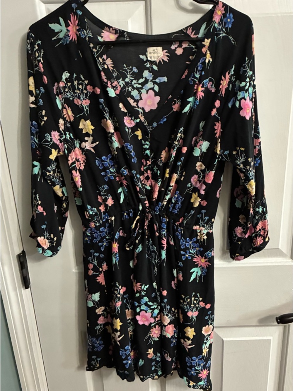 O'Neill Black Floral Wrap-Style Mini Dress / Swim coverup with Multicolor Blooms